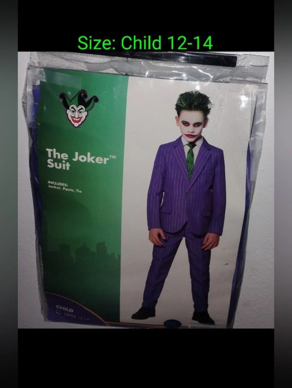 Boys Joker Costume, Size: Large 12-14 (Missing Tie)